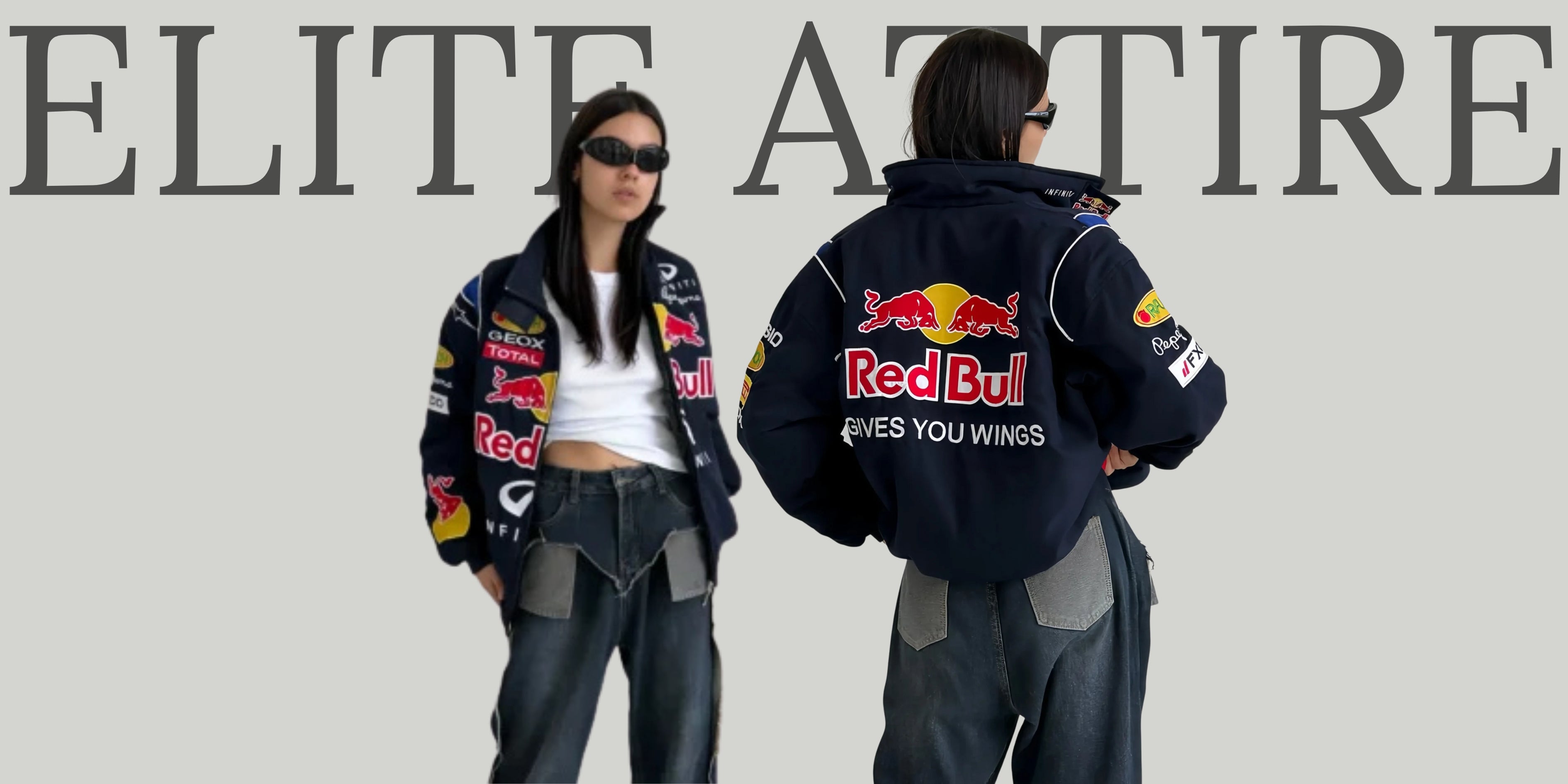 Two people wearing Red Bull branded jackets with the brand name displayed.