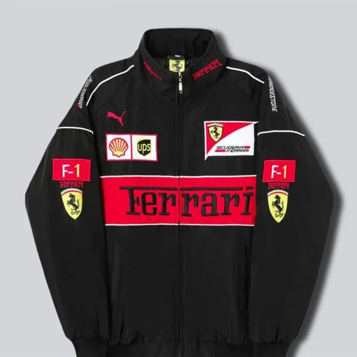 Black jacket with Ferrari logos and branding on a gray background