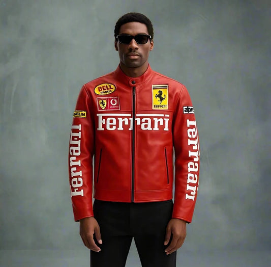 Person wearing a red Ferrari leather jacket with various logos on a gray background
