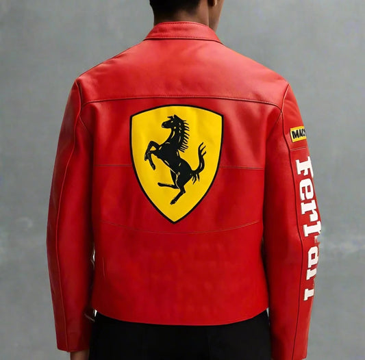 Red leather jacket with Ferrari logo on a gray background