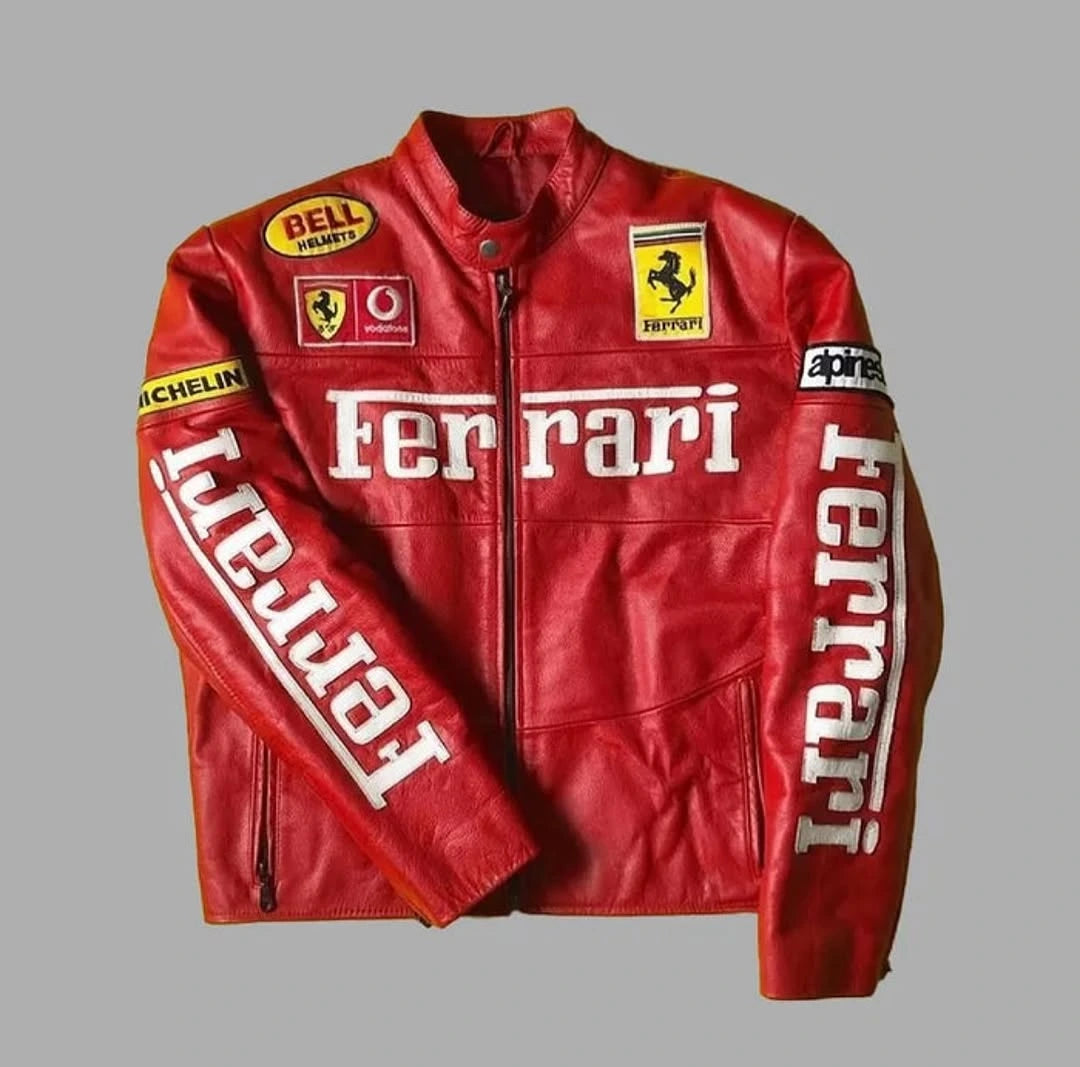 Red Ferrari leather jacket with various brand logos on a gray background