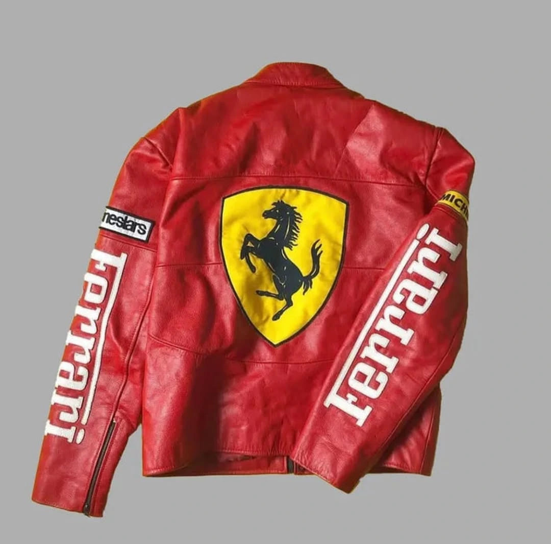 Red leather jacket with Ferrari logo and branding on a gray background