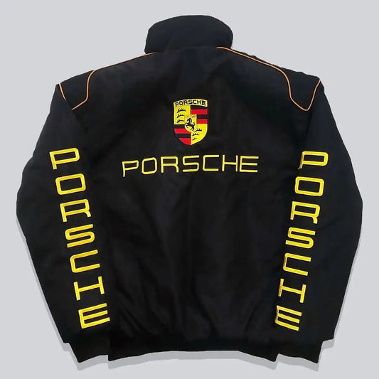 Black Porsche jacket with yellow text and logo on a light gray background