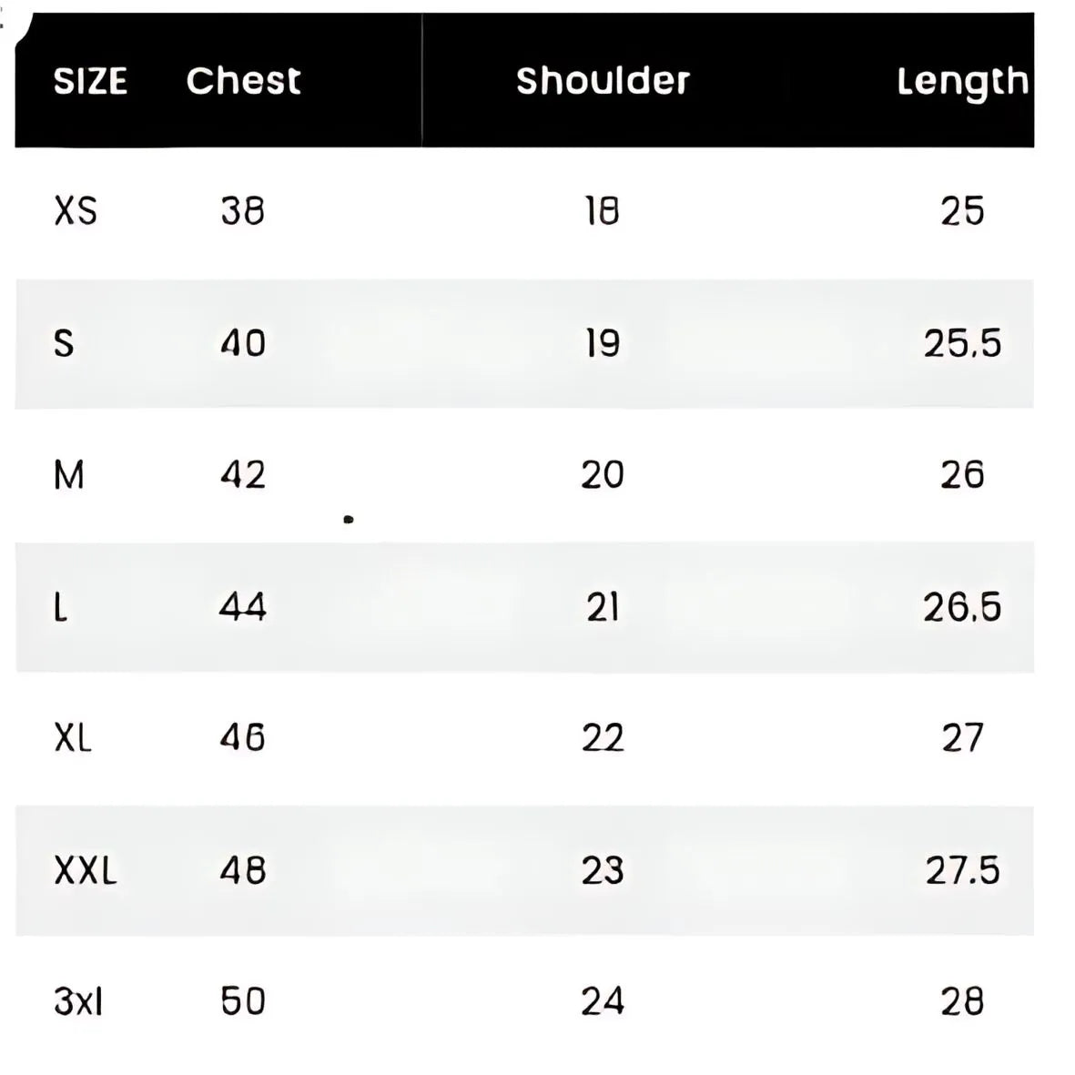 Measurement chart for clothing sizes with chest, shoulder, and length measurements.