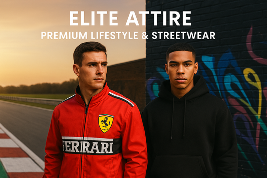 Two men, one in a red Ferrari jacket and the other in a black hoodie, with 'Elite Attire' branding.