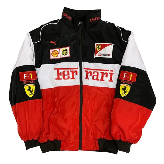 Ferrari jacket with various logos on a white background