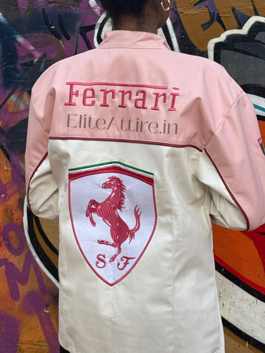Pink and white jacket with Ferrari logo and branding on a colorful background