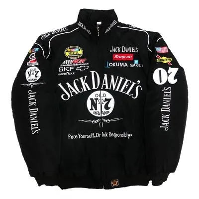 Black jacket with multiple brand logos on a white background