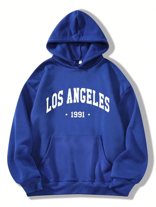 Blue hoodie with 'Los Angeles 1991' text on a white background