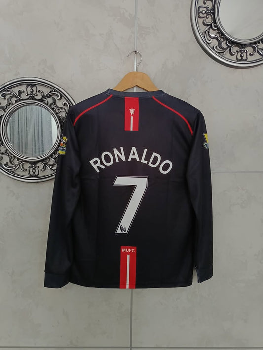 Black sports jersey with 'RONALDO 7' on a hanger against a gray wall.