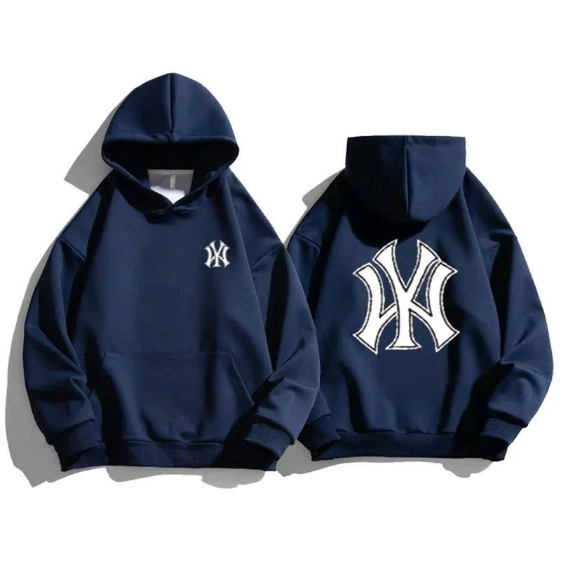 Two navy blue hoodies with logos on a white background