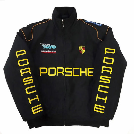 Black Porsche jacket with yellow text and logos on a white background