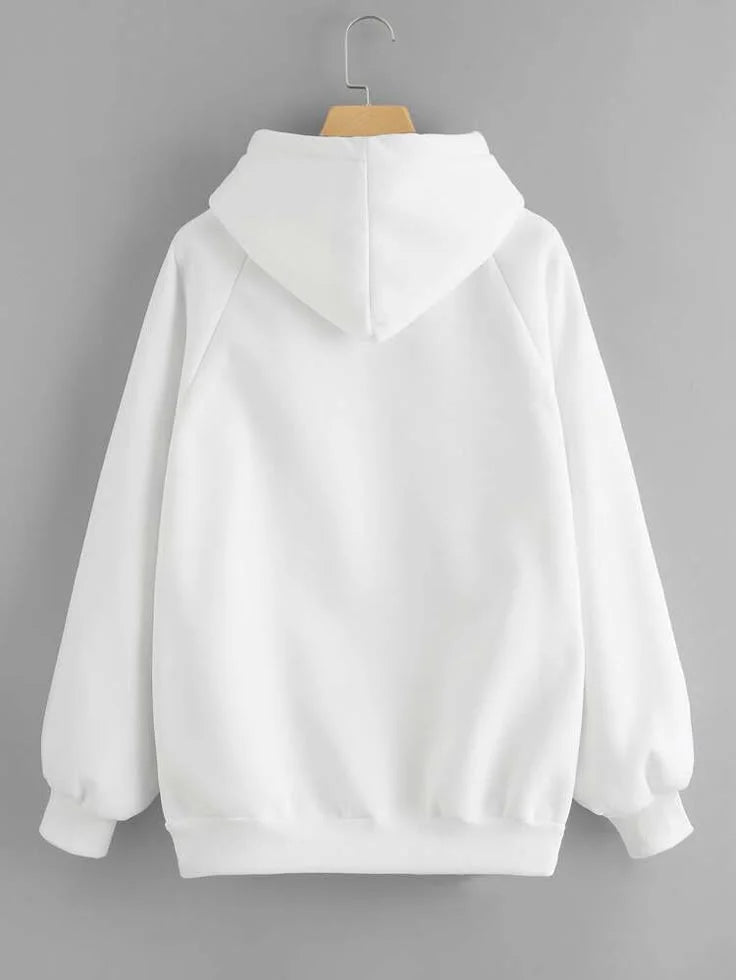 White hoodie on a hanger against a gray background