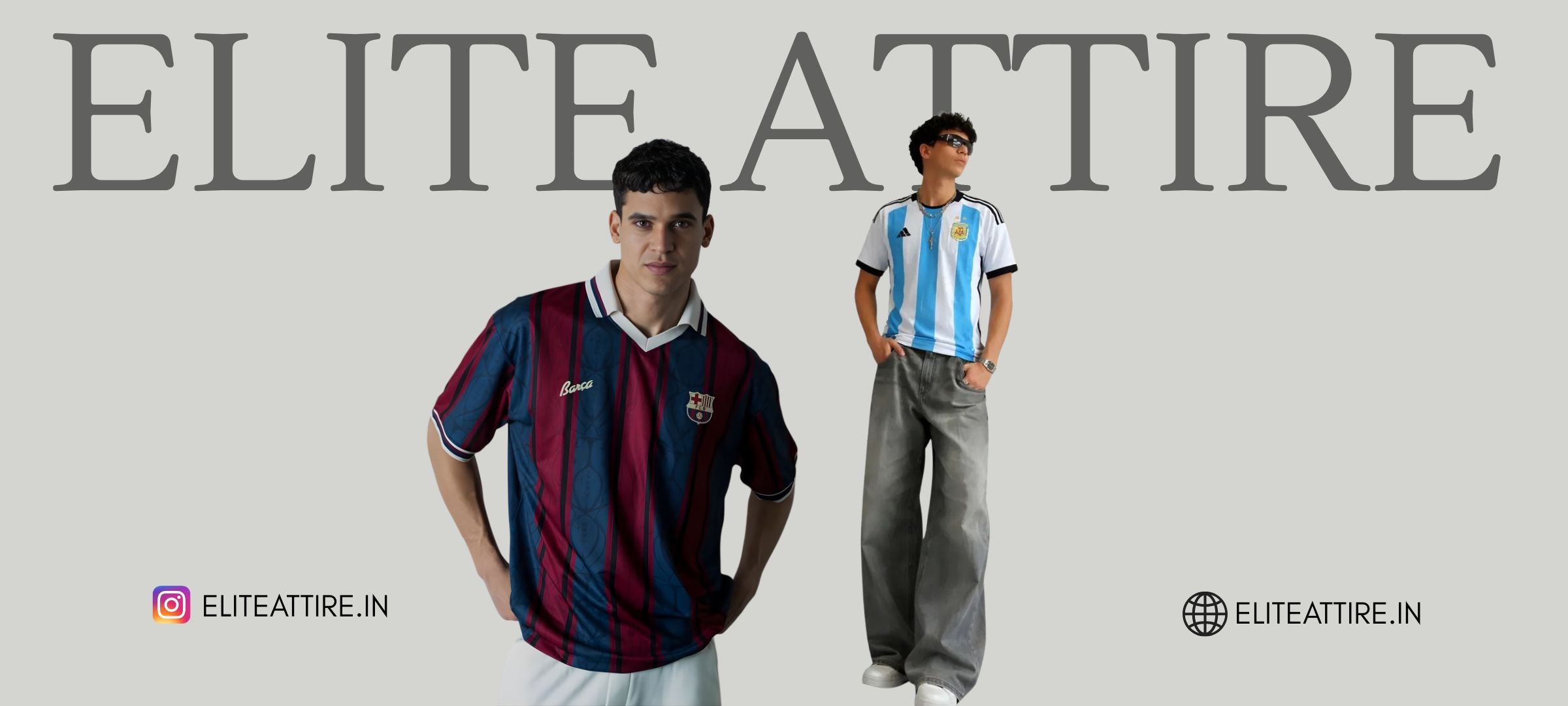 Two men wearing vintage sports jerseys with 'Elite Attire' branding above.