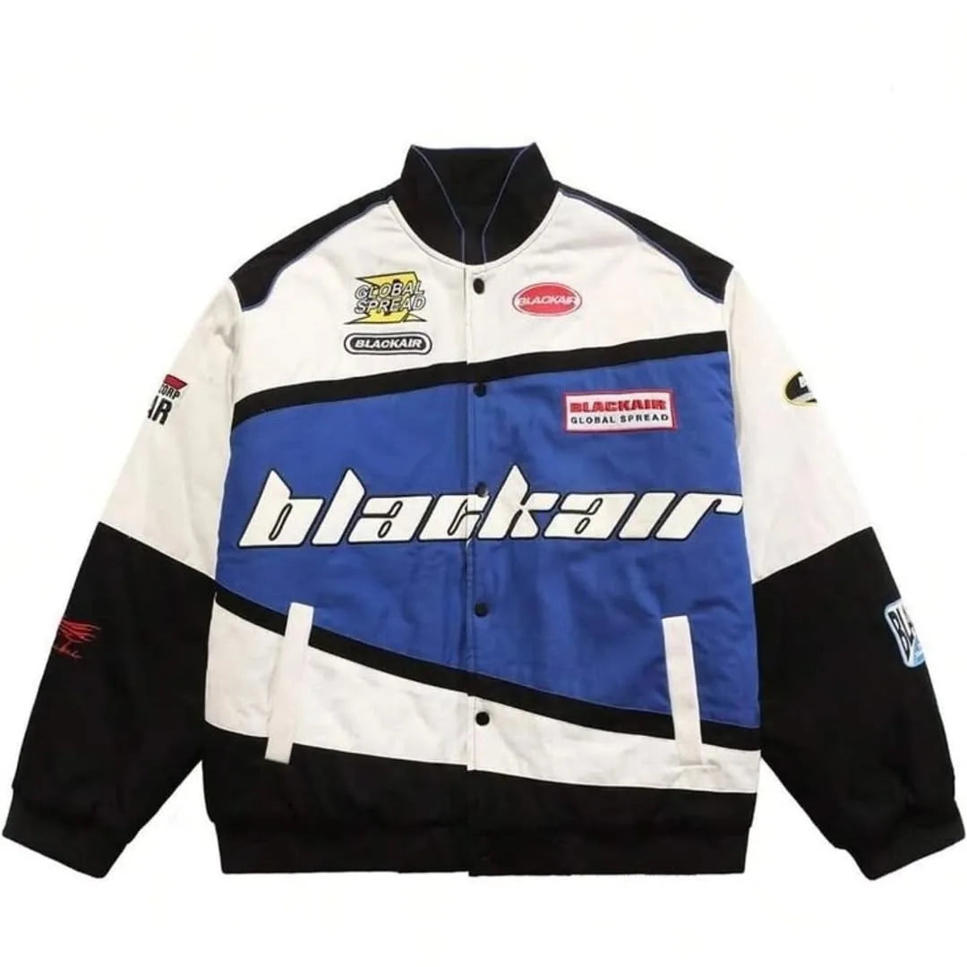 Colorful jacket with 'blackair' branding on a white background