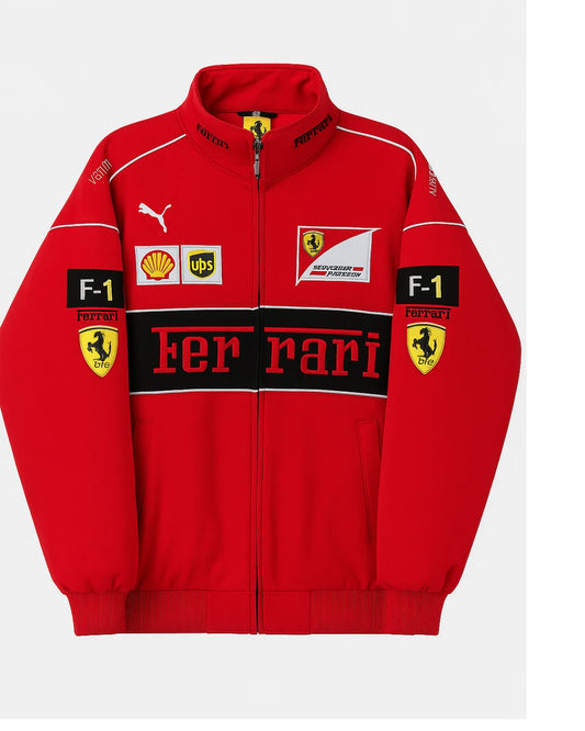 Red Ferrari jacket with various logos on a white background