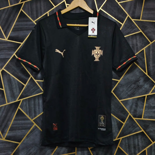 Black sports jersey with visible branding on a geometric patterned background